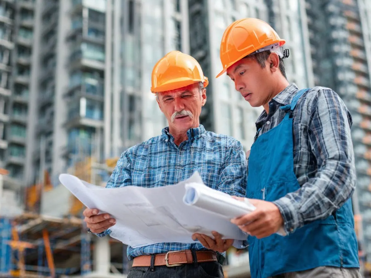 Two engineers reviewing drawings on a construction site