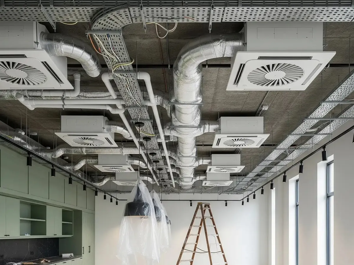 Exposed HVAC and electrical services installed at soffit level